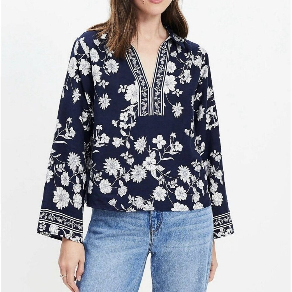 LOFT Womens Size MP Blue Floral Easy Print Split Neck Blouse Lyocell